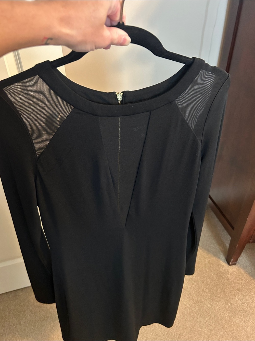 Sheer shoulder, sheer V chest black zip back mini dress